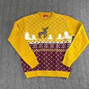 Ugly Christmas Sweater Yellow With Reindeer Design US L EU XL 100% Acrylic Holid